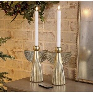 Home Reflections S/2 Angel Taper Holders with Flameless - Gold